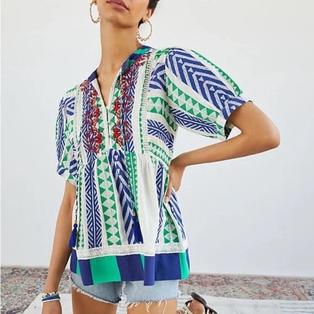 Anthropologie White Top with Blue and Green Geometric Print - Picture 2 of 16